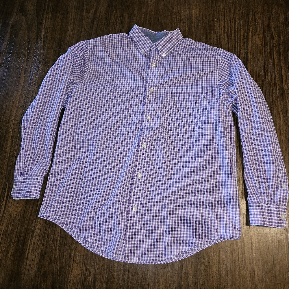 SADDLEBRED M Button Down Shirt Mens Purple White Plaid Checkered Long Sleeve